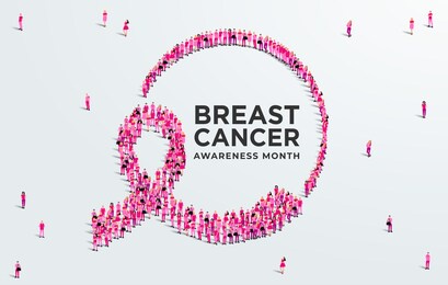 breast cancer awareness month concept poster. large group of people form to create a pink ribbon. vector illustration.