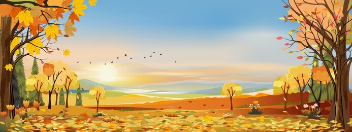 autumn landscapes of countryside with sunset and blue and pink sky,panoramic of mid autumn with farm field, mountains, leaves falling from trees in orange foliage. wonderland in fall season