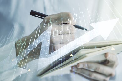 double exposure of abstract creative financial diagram with upward arrow and man hand writing in notepad on background, growth and development concept