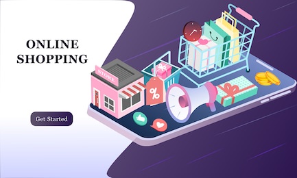 landing page of 3d isometric online shopping on websites or mobile applications concepts of vector e-commerce and digital marketing. isometric background illustration for banner online store promotion