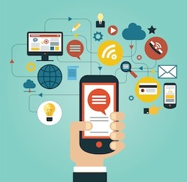 hand of the person with the phone surrounded by icons. concept of communication in the network