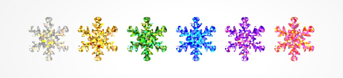 multicolored snowflakes with holographic glitter from sparkling foil isolated on white. beautiful decor for decorating a merry christmas and happy new year joyful holidays and events. vector design