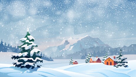 winter snow landscape and houses on vector background with snowflakes falling from sky. christmas winter scenery of cold weather and village houses in town or village forest, snowy hills and fields