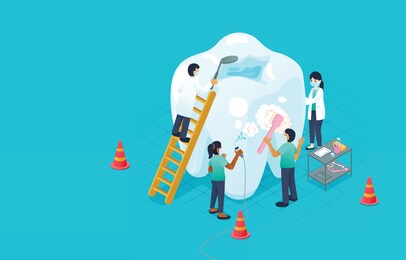 isometric tooth in construction area with dentish are checking, taking good care and cleaning tooth, vector, illustration