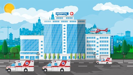 hospital building, medical icon. healthcare, hospital and medical diagnostics. urgency and emergency services. road, sky, tree. car and helicopter. illustration in flat style