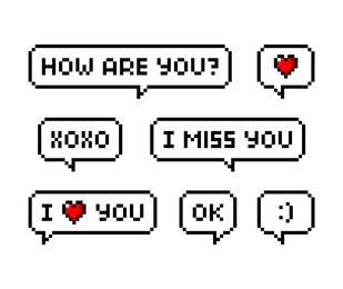 pixel art 8-bit love phrases set with speech bubble. i love you, miss you, xoxo, smile, kiss. relationship - isolated vector illustration
