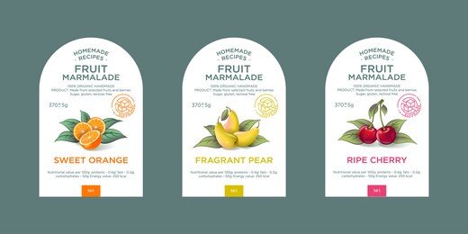 set of 3 labels, packaging of fruit marmalade. nature organic product. text with realistic fruits and leaves on white base. 