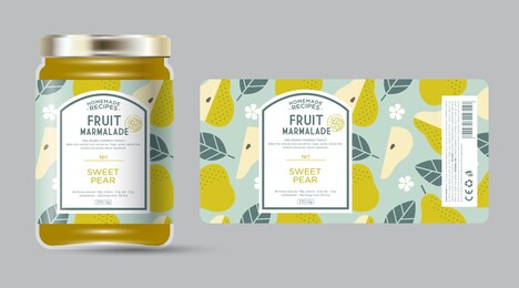 label and packaging of pear marmalade. jar with label. text in frame with stamp (sugar free) on seamless pattern with fruits, flowers and leaves.