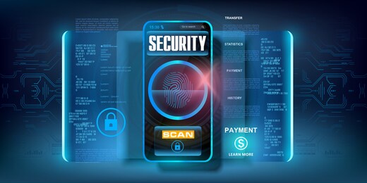 system of codes to protect your data on your smartphone. cyber security. access to your data by scanning your fingerprint. reliable code for protecting files, personal data and cash accounts. vector