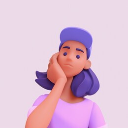 pensive black girl props her face with her hand thinks and makes decision. casual young stylized girl with purple hair in pink t-shirt and blue cap. woman avatar in minimal art style. 3d illustration.
