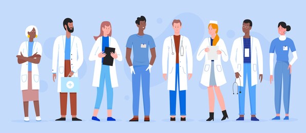 doctor people diversity illustration set. cartoon flat man woman professional hospital staff, physician character with stethoscope, doctor and nurse standing together, medical clinic team