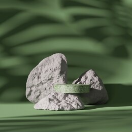 3d pedestal display and rock on monstera exotic palm leaf shadow. green, pastel background with terrazzo stone podium showcase for beauty, cosmetics product. abstract nature 3d render illustration 