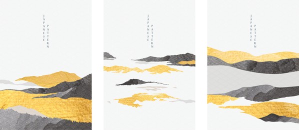 abstract landscape with japanese wave pattern vector. nature art background with mountain forest template in oriental style.