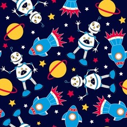 rocket and robots seamless pattern on a navy background.