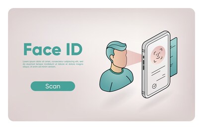 face id banner. facial recognition. verification scanner app. personal identity scan. biometric password. modern identification system. 3d scanning system. isometric web page. vector illustration. 