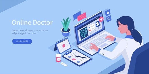 woman doctor working with laptop computer in her office. therapist filling patients medical history online. hospital staff at work. online medicine concept. flat isometric illustration.