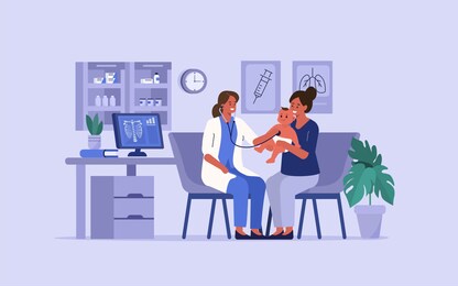 woman doctor examining little boy in her office by stethoscope. kid having consultation with doctor pediatrician in hospital. medical people characters. flat cartoon illustration.