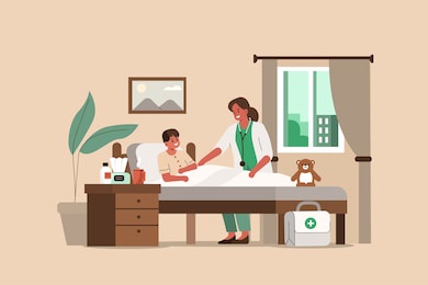woman doctor visiting little boy in his house. kid lying in bed while having examination with doctor pediatrician. medical people characters. doctor at home concept. flat cartoon  illustration.