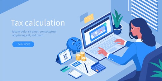 
financial consultant sitting at office desk with  documents for tax calculation. woman preparing financial tax report. accountant  at work. accounting concept. flat isometric illustration.
