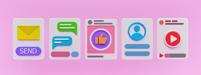 minimal social media apps interface. mail, chat, like, login page, video play icons on pastel pink background. trendy horizontal banner. 3d rendering