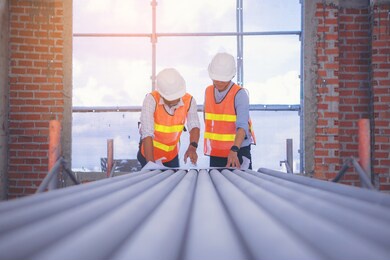 structural engineer and foreman worker with touch pad discuss, plan working for building construction site.