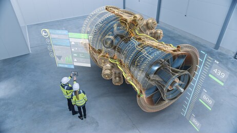 industry 4.0 two engineers standing and talking in factory workshop with augmented reality 3d model concept of giant turbine engine. graphics visualization. high angle shot. vfx special visual effects