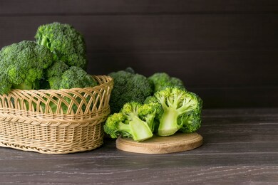 fresh broccoli in a basket and on a chopping board close-up. sliced broccoli inflorescence on the kitchen table. background with fresh broccoli.