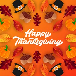 happy thanksgiving day background vector with decorative leaves, pumpkins, and acorns. happy thanksgiving holiday vector background design template for poster, banner, invitation and greeting card