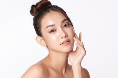beautiful young asian woman with clean fresh skin on white background, face care, facial treatment, cosmetology, beauty and spa, asian women portrait