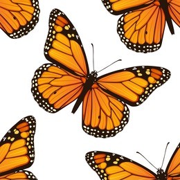 seamless pattern with bright colorful hand drawn monarch butterflies