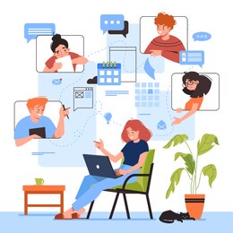 online meeting illustration design. woman with laptop at remote work conference. virtual video study or education, business planning. flat cartoon people discussion. home office concept.