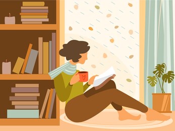 autumn mood vector flat illustration. rain outside the window. fall season nature. cozy home for autumn. young woman reading a good book and drinking a steaming cup of coffee or tea.