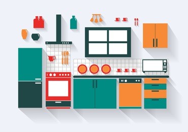 kitchen with fridge stove dishwasher and fittings long shadows 