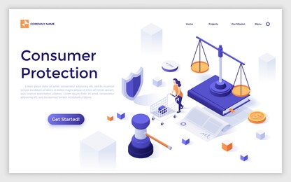landing page template with woman with cart, scale of justice, gavel. concept of legal consumer protection, customer security, safety of purchase, safeguarding buyers. isometric vector illustration.