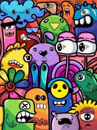 hand-drawn illustrations, monsters doodle, hand drawn cartoon monster illustration, cartoon crowd doodle hand-drawn pattern, doodle style.  colorful doodle.