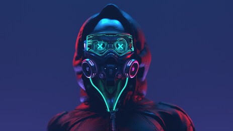 fashion cyberpunk girl in leather black hoodie jacket wears gas mask with protective glasses and filters, glowing green wires. colorful 3d illustration of sci-fi human skull with a cross in the eyes.