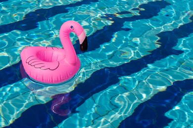 flamingo print. pink inflatable flamingo in pool water for summer beach background. minimal summer concept.