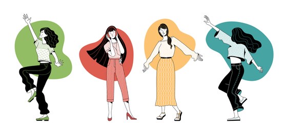 set of joyful young women enjoying life vector illustration. happy girls dancing and listening to music. flat duotone female characters. cartoon good mood and positive thinking concept