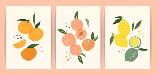 collection of contemporary art prints. abstract fruits. oranges, pears and lemons. modern design for posters, cards, packaging and more