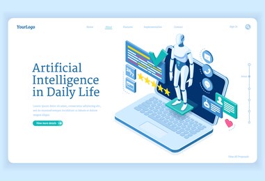 artificial intelligence in daily life banner. chat bot, digital assistant concept. vector landing page of service with ai technologies. isometric illustration of robot and laptop