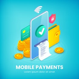 mobile payments banner, electronic bank app, money transfer isometric concept. online shopping 3d design template with smartphone, wallet and icons. e-commerce vector illustration for web, advert, app