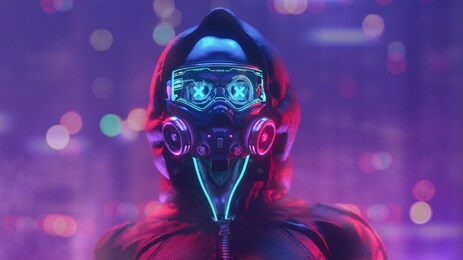 fashion cyberpunk girl in leather hoodie jacket wears gas mask with protective glasses, filters. colorful 3d render of human skull with cross in eyes, glowing green wires on night light bokeh in city.