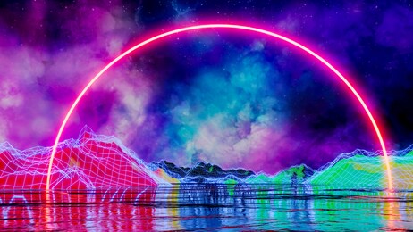 sci fi virtual reality landscape cyberpunk style 3d render, fantasy universe and space cloud background