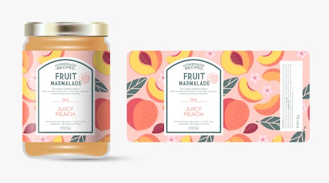label and packaging of peach marmalade. jar with label. text in frame with stamp (sugar free) on seamless pattern with fruits, slices and leaves.