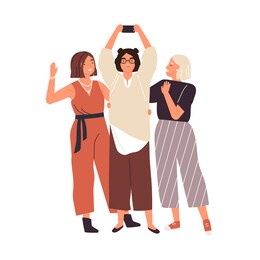 group of happy female friends taking selfie use smartphone vector flat illustration. smiling trendy woman photographing together having positive emotion isolated. people standing posing for photo