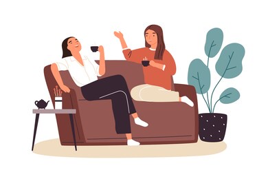 smiling woman friends drinking tea at home vector flat illustration. happy female laughing and gossiping sit on comfortable couch isolated. people spending time together having friendly conversation