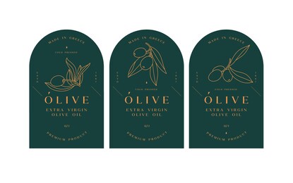 vector set labels with olive branch - simple linear style. emblems composition with olives and typography