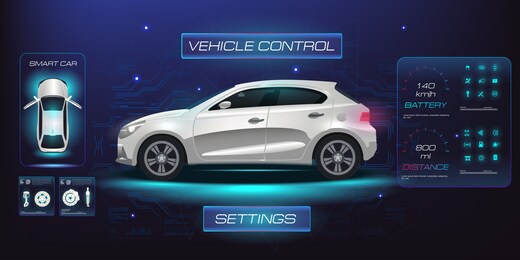 smart car. panel with car instrument settings. testing, analysis, tuning of electronics, sensors. all vehicle parameters on holographic touch screens. car diagnostics and maintenance. hud interface
