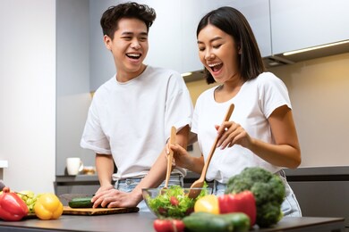 joyful chinese couple cooking food and laughing preparing salad for dinner together in kitchen at home on weekend. asian husband and wife cook meal. healthy nutrition and family recipes concept