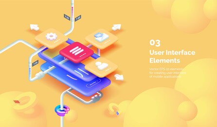 modern mobile app user interface concept. 3d smartphone on a yellow background with tools for creating a mobile interface. mobile interface design. modern vector illustration isometric style.